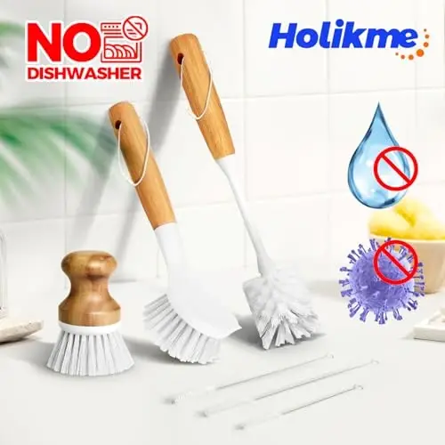 Holikme 6 Pack Dish Brush Kitchen Brushes Set with Bottle Brush, Dish Brush, Palm Scrub Brush and Straw Brush, Fruit Vegetable Cleaning Brushes, Long Handle for Skillet Wok Pot Pan Cast Iron, White - 5