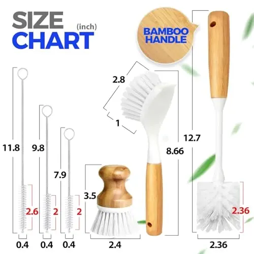 Holikme 6 Pack Dish Brush Kitchen Brushes Set with Bottle Brush, Dish Brush, Palm Scrub Brush and Straw Brush, Fruit Vegetable Cleaning Brushes, Long Handle for Skillet Wok Pot Pan Cast Iron, White - 6