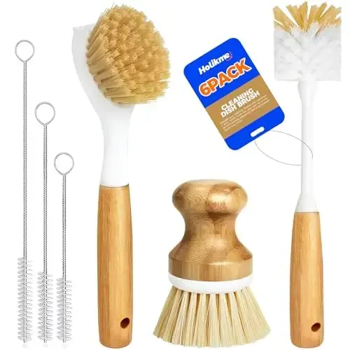 Holikme 6 Pack Dish Brush Shimgich Yostig'i Butilka Cho'tkasi, Idish Cho'tkasi, Palma Skrab Cho'tkasi va Somon Cho'tkasi, Idish Butilka Stakan Tovasi Qozon Qozonni Temir, Sariq uchun Uzoq Tutqichli Idish Yuvish Mashinasi - 2