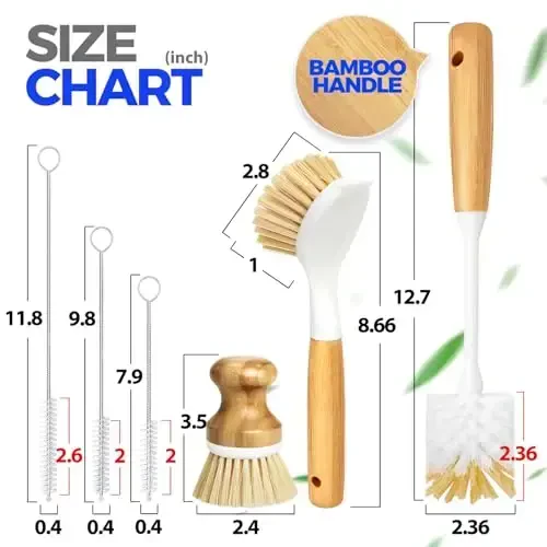 Holikme 6 Pack Dish Brush Shimgich Yostig'i Butilka Cho'tkasi, Idish Cho'tkasi, Palma Skrab Cho'tkasi va Somon Cho'tkasi, Idish Butilka Stakan Tovasi Qozon Qozonni Temir, Sariq uchun Uzoq Tutqichli Idish Yuvish Mashinasi - 6