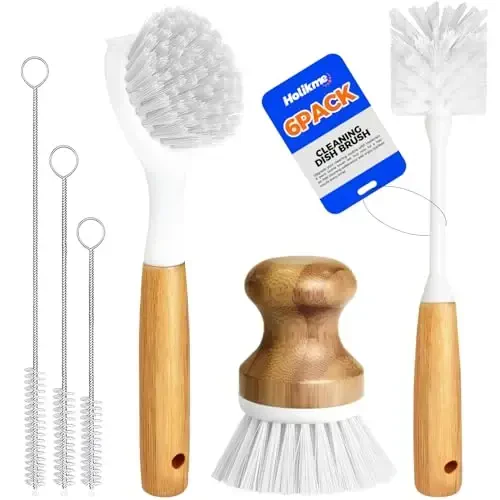 Holikme 6 Pack Dish Brush Kitchen Brushes Set with Bottle Brush, Dish Brush, Palm Scrub Brush and Straw Brush, Fruit Vegetable Cleaning Brushes, Long Handle for Skillet Wok Pot Pan Cast Iron, White 
