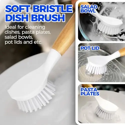Holikme 6 Pack Dish Brush Kitchen Brushes Set with Bottle Brush, Dish Brush, Palm Scrub Brush and Straw Brush, Fruit Vegetable Cleaning Brushes, Long Handle for Skillet Wok Pot Pan Cast Iron, White - HOLIKME (1)