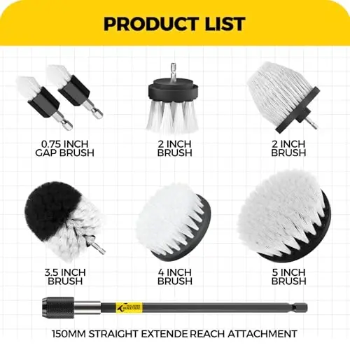 Holikme 8 Piece Drill Brush AttacModazoneent Set, Power Scrubber with Extend Long Handle, Cleaning Supplies for Shower, Bathtub, Bathroom, Kitchen (White) - HOLIKME (1)