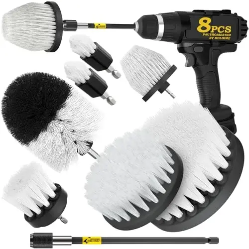 Holikme 8 Piece Drill Brush AttacModazoneent Set, Power Scrubber with Extend Long Handle, Cleaning Supplies for Shower, Bathtub, Bathroom, Kitchen (White) 