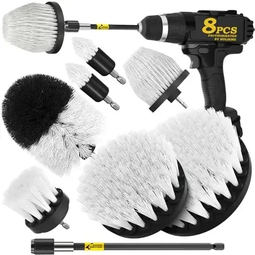 Holikme 8 Piece Drill Brush AttacModazoneent Set, Power Scrubber with Extend Long Handle, Cleaning Supplies for Shower, Bathtub, Bathroom, Kitchen (White) - 1