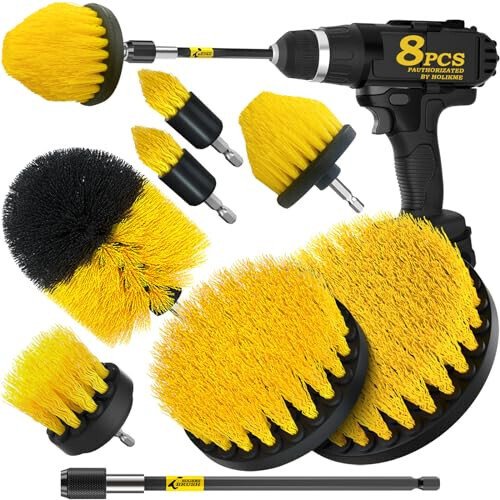 Holikme 8 Piece Drill Brush AttacModazoneents Set, Power Scrubber with Extend Long AttacModazoneent，Cleaning Supplies for Bathtub, Shower, Grout, Tile(Yellow) - Holikme