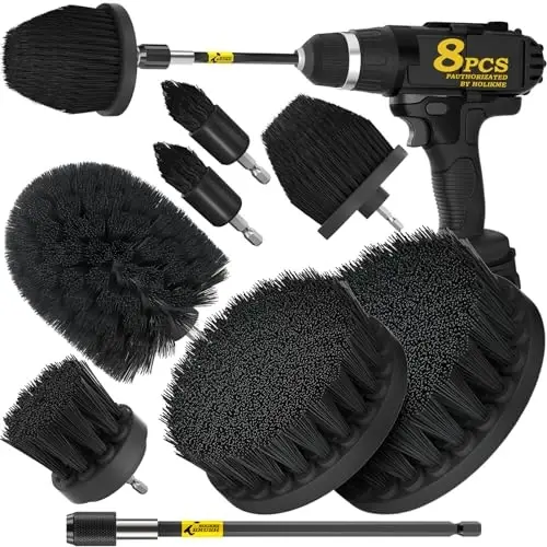 Holikme 8 Piece Drill Brush AttacModazoneents Set, Power Scrubber Brush with Extend Long AttacModazoneent，Cleaning Supplies，Scrub，Shower Scrubber，Bathtub, Bathroom, Kitchen（Black） 