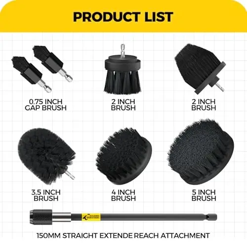 Holikme 8 Piece Drill Brush AttacModazoneents Set, Power Scrubber Brush with Extend Long AttacModazoneent，Cleaning Supplies，Scrub，Shower Scrubber，Bathtub, Bathroom, Kitchen（Black） - HOLIKME (1)