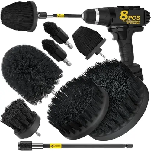 Holikme 8 Piece Drill Brush AttacModazoneents Set, Power Scrubber Brush with Extend Long AttacModazoneent，Cleaning Supplies，Scrub，Shower Scrubber，Bathtub, Bathroom, Kitchen（Black） 