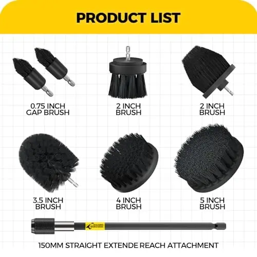 Holikme 8 Piece Drill Brush Attachments Set, Power Scrubber Brush with Extend Long Attachment，Cleaning Supplies，Scrub，Shower Scrubber，Bathtub, Bathroom, Kitchen（Black） - 2