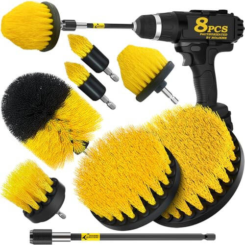 Holikme 8 Piece Drill Brush Attachments Set, Power Scrubber with Extend Long Attachment，Cleaning Supplies for Bathtub, Shower, Grout, Tile(Yellow) - 1