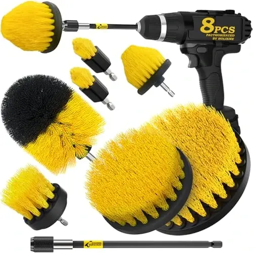 Holikme 8 Piece Drill Brush Attachments Set, Power Scrubber with Extend Long Attachment，Cleaning Supplies for Bathtub, Shower, Grout, Tile(Yellow) - 2
