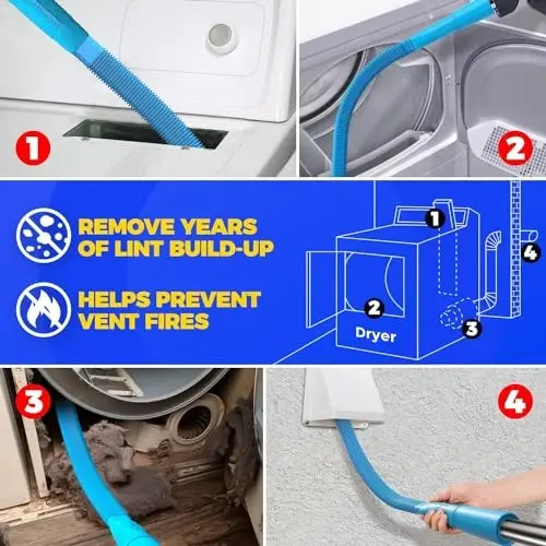 Holikme Dryer Vent Cleaner Kit, Include 30Feet Dryer Vent Cleaning Brush, Dryer Lint Vacuum AttacModazoneent, Lint Brush & Dryer Adapters, Blue - 4