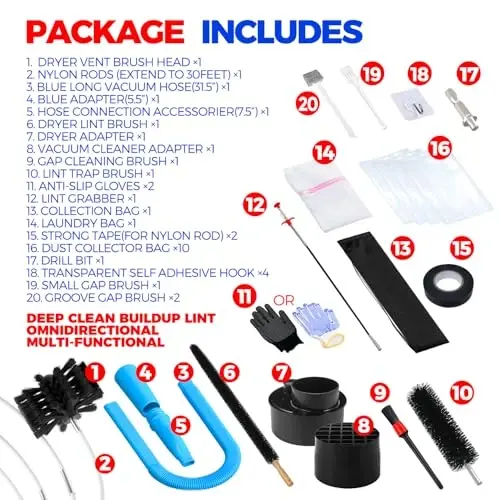 Holikme Dryer Vent Cleaner Kit, Include 30Feet Dryer Vent Cleaning Brush, Dryer Lint Vacuum AttacModazoneent, Lint Brush & Dryer Adapters, Blue - 6
