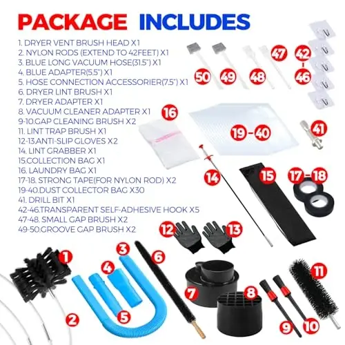 Holikme Dryer Vent Cleaner Kit Dryer Cleaning Tool Include Dryer Vent Brush, Omnidirectional Blue Dryer Lint Vacuum AttacModazoneent Dryer Lint Trap Brush, Vacuum & Dryer Adapters - 7