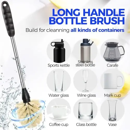 Holikme набор щеток для бутылок 6 шт., щетка для чистки бутылок из нержавеющей стали с длинной ручкой 14 дюймов, 3 щетки для трубочек, портативная щетка для чистки бутылок 3-в-1 для бутылок с водой, чашек, детских бутылочек, соломинок Желтый - 2