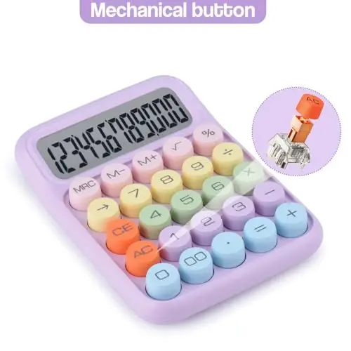 Holotioee Mechanical Pushbutton Calculator,12 Digit Large LCD Display,Big Buttons Easy to Press,Colorful Candy Calculator,Automatic Sleep,with Battery.for Office,School, Home. (Purple) - 2