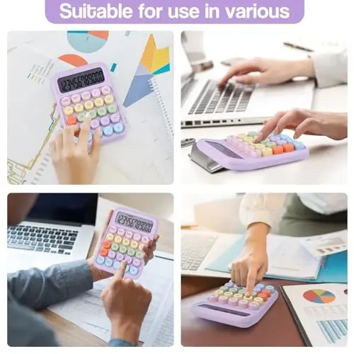 Holotioee Mechanical Pushbutton Calculator,12 Digit Large LCD Display,Big Buttons Easy to Press,Colorful Candy Calculator,Automatic Sleep,with Battery.for Office,School, Home. (Purple) - 6