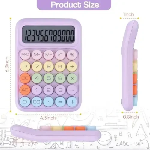 Holotioee Mechanical Pushbutton Calculator,12 Digit Large LCD Display,Big Buttons Easy to Press,Colorful Candy Calculator,Automatic Sleep,with Battery.for Office,School, Home. (Purple) - 3