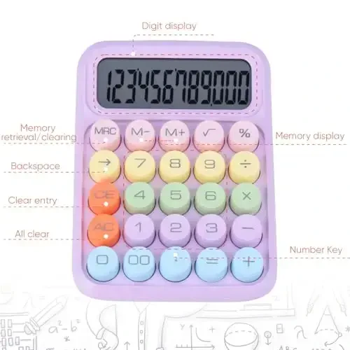 Holotioee Mechanical Pushbutton Calculator,12 Digit Large LCD Display,Big Buttons Easy to Press,Colorful Candy Calculator,Automatic Sleep,with Battery.for Office,School, Home. (Purple) - 5