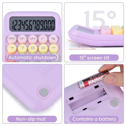 Holotioee mexanik tugmachali kalkulyator, 12 xonali katta LCD displey, bosish oson bo'lgan katta tugmalar, rangli konfet kalkulyatori, avtomatik uyqu, batareyasi bilan. Ofis, maktab, uy uchun. (Binafsha) - 4