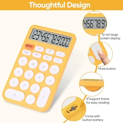 Holotioee Standard Function Basic Calculator,12 Digit Large LCD Display,Bottom Antiskid,for Office, Home, School,Automatic Sleep,with Battery, yellow - 2