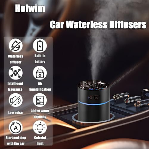 Holwim Waterless Car Diffuser for Essential Oils, 300ml Dual Nozzle Battery Powered Humidifier, Smart Car Air Freshener Diffuser with Colorful Lights And Various Spray Modes for Car Office Home (Black) - 2