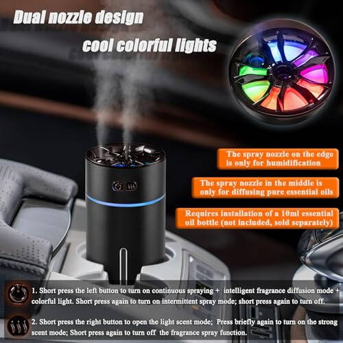 Holwim Waterless Car Diffuser for Essential Oils, 300ml Dual Nozzle Battery Powered Humidifier, Smart Car Air Freshener Diffuser with Colorful Lights And Various Spray Modes for Car Office Home (Black) - 3