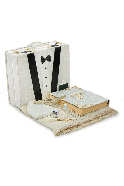 Holy Quran Set with Chest, Suitable for Groom's Trousseau, White Bridal Prayer Rug Set - IHVAN ONLINE