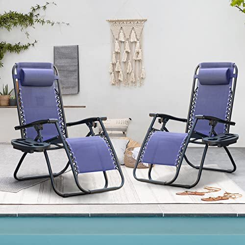 Homall Zero Gravity Chair Patio Folding Lawn Outdoor Lounge Gravity Camp Reclining Lounge Chair with Cup Holder Pillows for Poolside Backyard and Beach Set of 2 (Blue) - 8