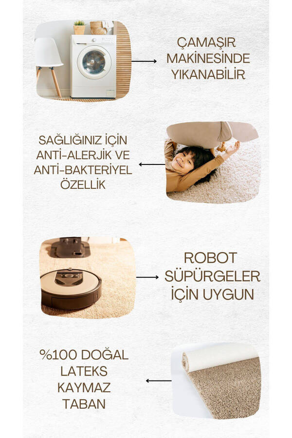 Home –%100 Doğal Kaymaz Taban Yıkanabilir Krem Shaggy 2’li Banyo Halısı,paspas - 1