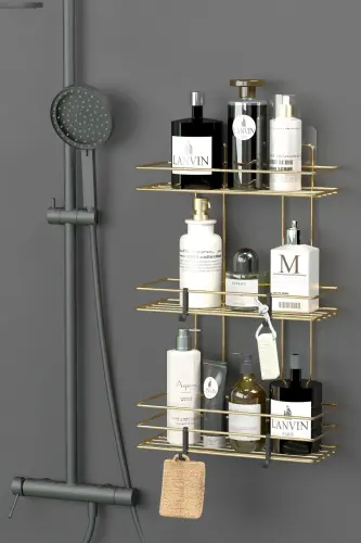 HOME Gold Altın Kaplama Yapışkanlı 3 Katlı Banyo Rafı - WEARME (1)