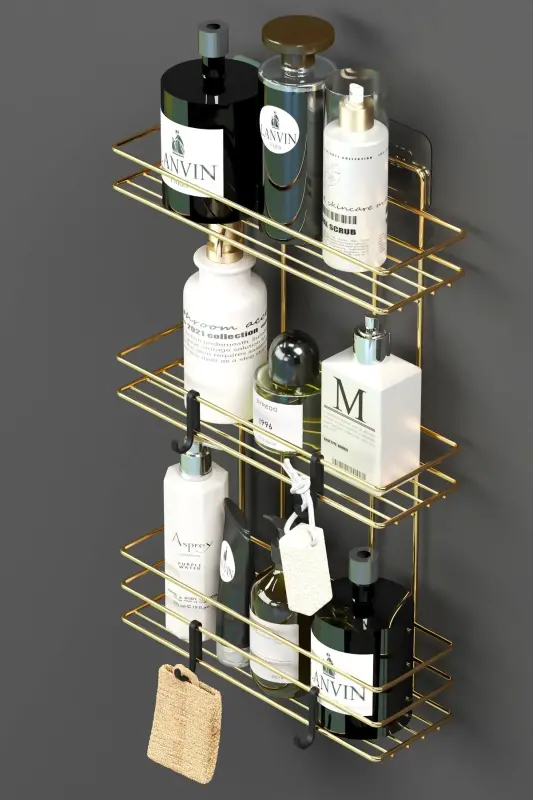 HOME Gold Altın Kaplama Yapışkanlı 3 Katlı Banyo Rafı - 4