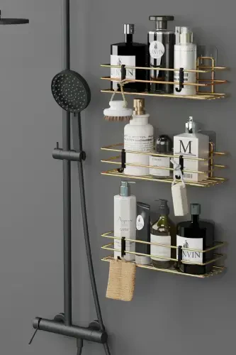 Home Gold Plated Adhesive 3 Pcs Bathroom Shelf Shower Shampoo Wall Organizer - 1