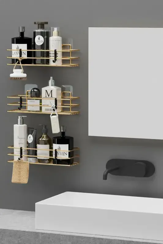 Home Gold Plated Adhesive 3 Pcs Bathroom Shelf Shower Shampoo Wall Organizer - 2