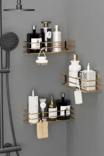 Home Gold Plated Adhesive 3 Pcs Bathroom Shelf Shower Shampoo Wall Organizer - 3