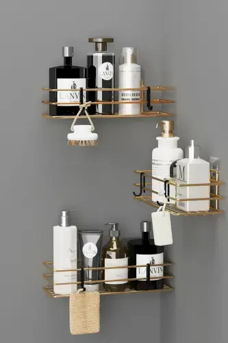 Home Gold Plated Adhesive 3 Pcs Bathroom Shelf Shower Shampoo Wall Organizer - 4