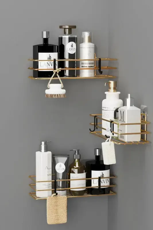 Home Gold Plated Adhesive 3 Pcs Bathroom Shelf Shower Shampoo Wall Organizer - 4