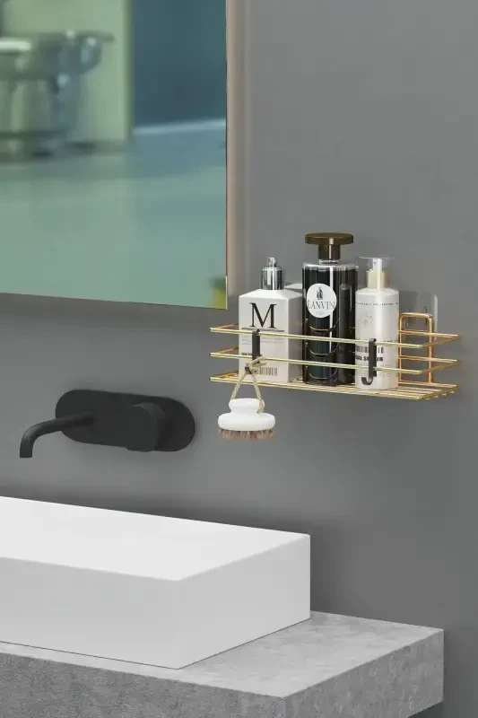 HOME Gold Plated Adhesive Bathroom Shelf Shower Shampoo Wall Organizer - 2