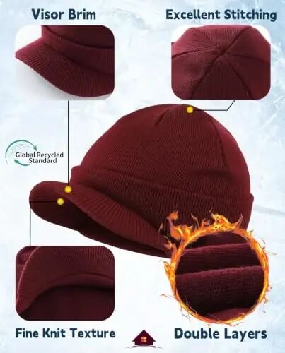 Home Prefer Men's Winter Beanie Hat with Brim Warm Double Knit Cuff Beanie Cap Watch Radar Hat - 4