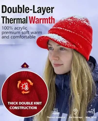 Home Prefer Men's Winter Beanie Hat with Brim Warm Double Knit Cuff Beanie Cap Watch Radar Hat - 2