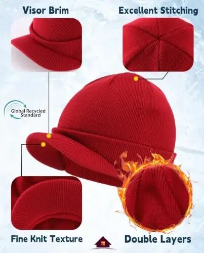 Home Prefer Men's Winter Beanie Hat with Brim Warm Double Knit Cuff Beanie Cap Watch Radar Hat - 4