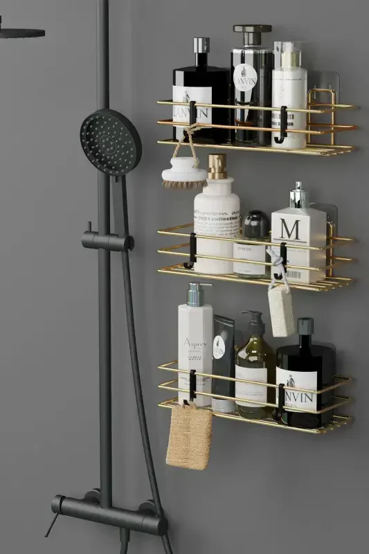 Home Золотая Наклейка 3шт Полка для ванной Душ Шампунь Настенный Органайзер - 1