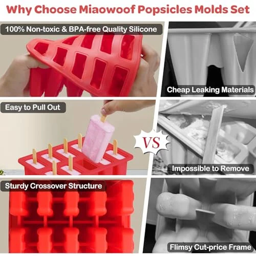 Homemade Popsicle Molds Shapes, 10PCS Silicone Ice Pop Maker Non-BPA, with 50 Sticks, 50 Bags, 10 Reusable Sticks, Funnel, Brush and Ice Pop Recipes - MIAOWOOF (1)