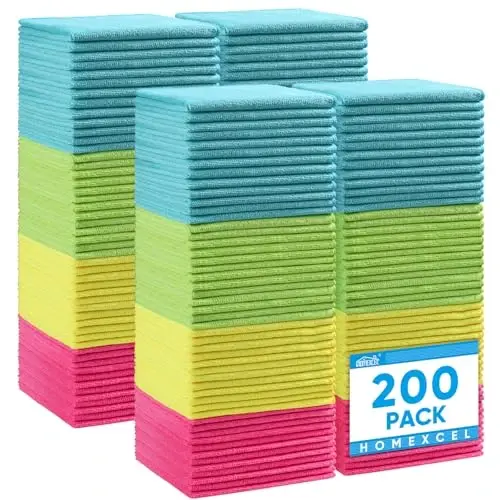 HOMEXCEL 200PK Microfiber Cleaning Cloth, Cleaning Rag for Home, 11.5x11.5 | Reusable, Lint Free, Scratch-Free and Highly Absorbent Towels for Kitchen, Window and Glass, Cars (Green/Blue/Yellow/Pink) - 1