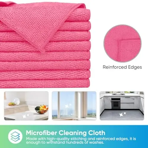 HOMEXCEL 24PK Microfiber Cleaning Cloth, Cleaning Rag for Home, 11.5x11.5in | Reusable, Lint Free, Scratch-Free and Highly Absorbent Towels for Kitchen, Window and Glass, Cars, Pink - 3