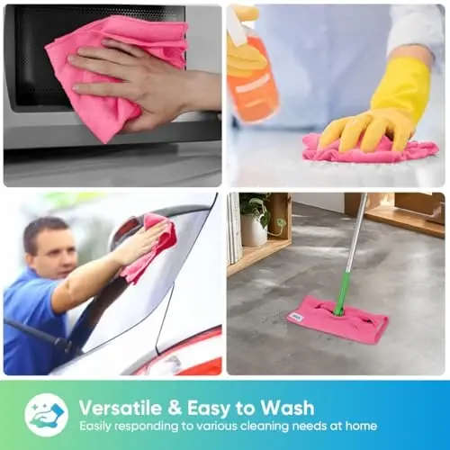 HOMEXCEL 24PK Microfiber Cleaning Cloth, Cleaning Rag for Home, 11.5x11.5in | Reusable, Lint Free, Scratch-Free and Highly Absorbent Towels for Kitchen, Window and Glass, Cars, Pink - 6