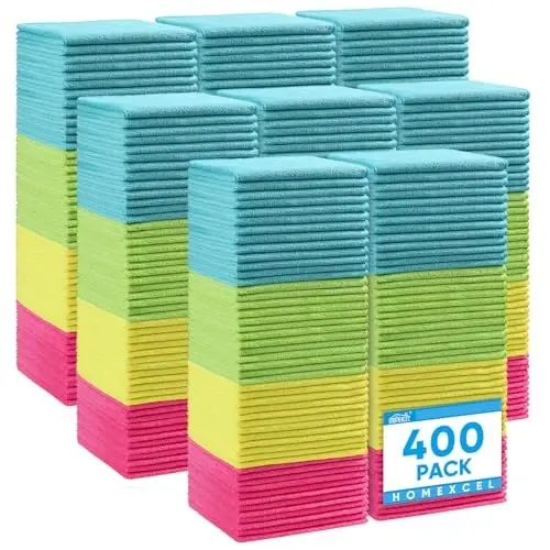HOMEXCEL 400PK Microfiber Cleaning Cloth, Cleaning Rag for Home, 11.5x11.5 | Reusable, Lint Free, Scratch-Free and Highly Absorbent Towels for Kitchen, Window and Glass, Cars (Green/Blue/Yellow/Pink) - 1
