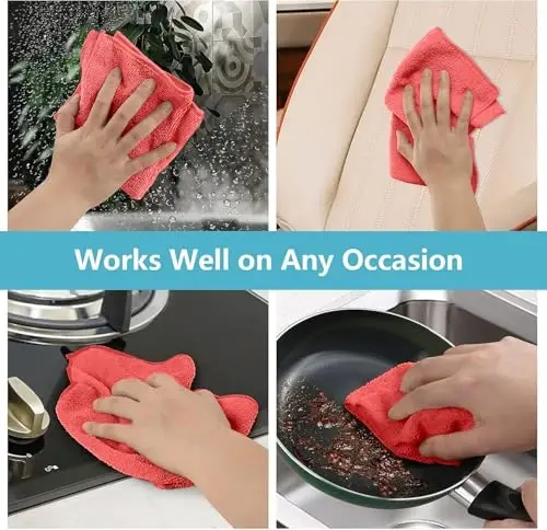 HOMEXCEL Red Microfiber Cleaning Cloth, 100 Pack Cleaning Towels for Kitchen, Lint Free, Scratch-Free, Highly Absorbent, and Reusable Cleaning Rags for House, Window and Glass, Cars, 11.5 X11.5 inch - 5