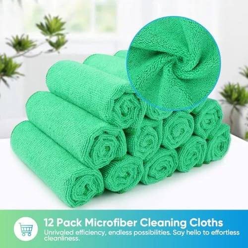 HOMEXCEL Microfiber Cleaning Cloth, 12 Pack Green Premium Microfiber Towels for Cars, Lint Free, Scratch-Free, Highly Absorbent, Reusable Cleaning Rags for Car, Household, Kitchen, 11.5